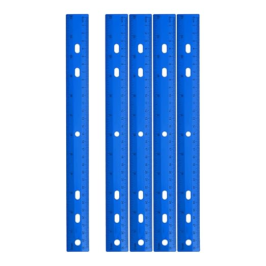 HARFINGTON 5pcs Plastic Rulers 12" (30cm) Clear Straight Ruler Measuring Tool Inches and Centimeters with Hole for Home Office Classrooms Drafting, Blue