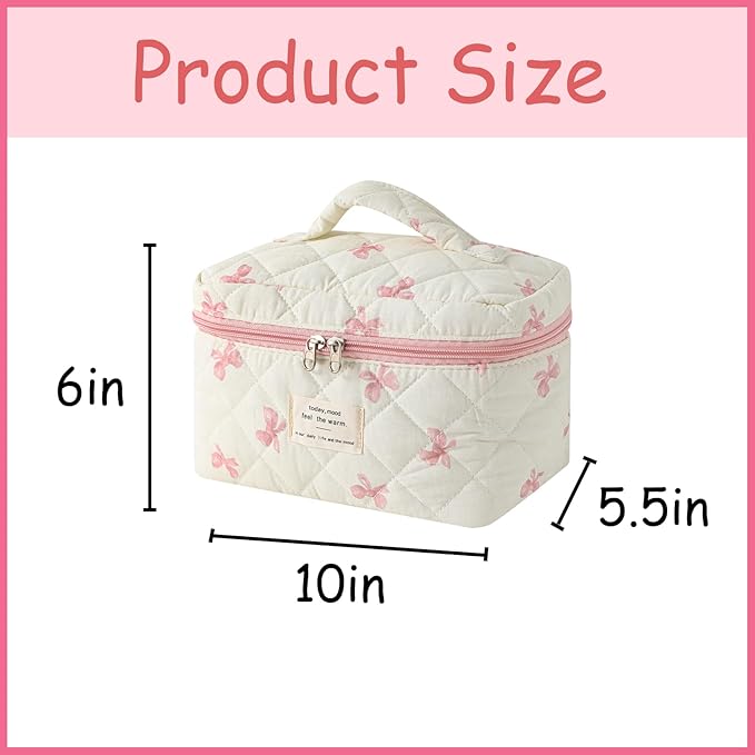 uekeboag Large Travel Quilted Makeup Bag for Women | Soft Floral Cotton Cosmetic Bag, Foldable Coquette Aesthetic Toiletry Organizer
