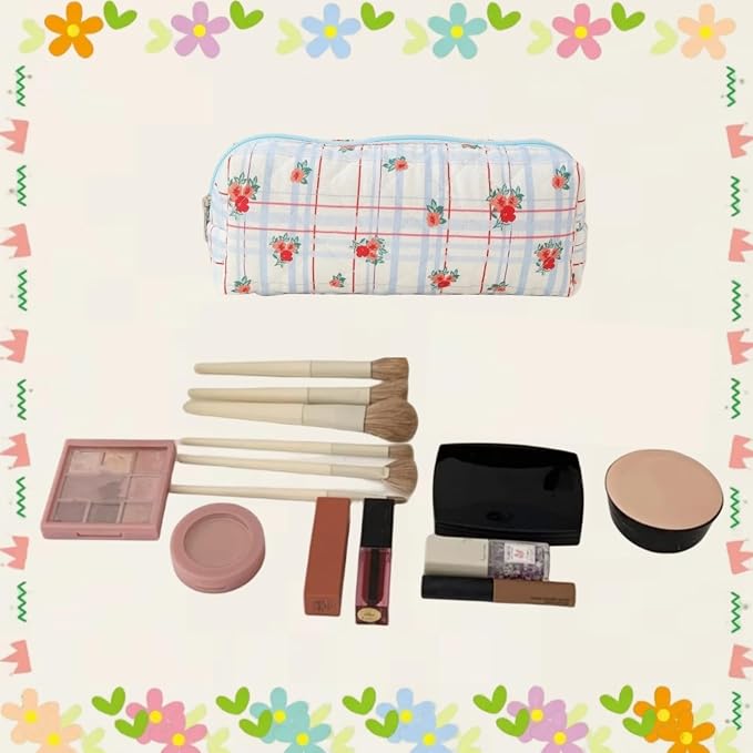 Cute Mini Quilted Makeup Bag for Women Travel Cosmetic Bags Lightweight Coquette Aesthetic Floral Toiletry Organizer Case (Floral#03)
