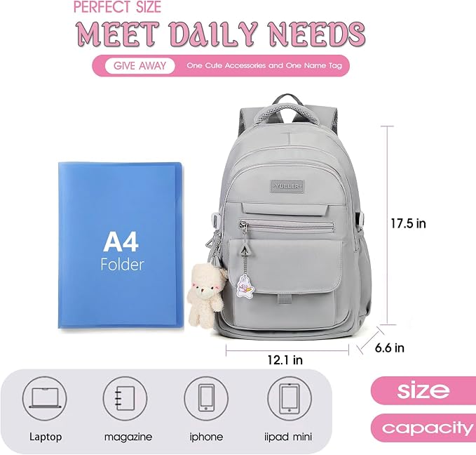 PRLINJSK Girls Backpack for College High Middle School Student, Cute Aesthetic Bookbag for Teens Women with Accessories,Grey