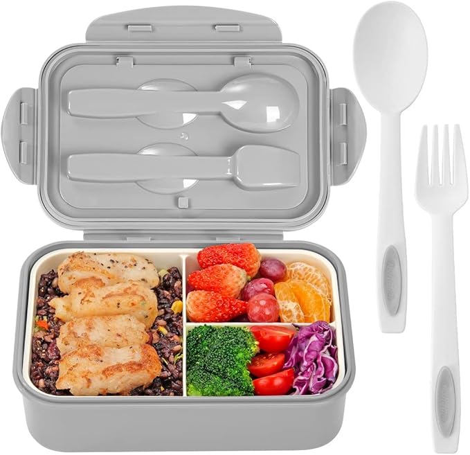 LOVINA Bento Box for Adults-1100ML Bento Lunch Box Container For Kids Teens | Built-in Spoon & Fork - Durable Perfect Size for On-the-Go Meal, BPA-Free and Food-Safe Materials(Grey)