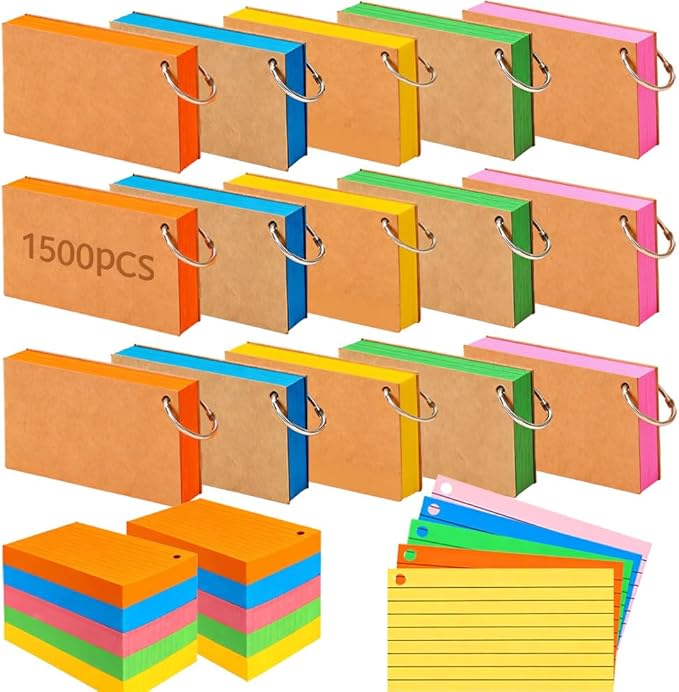1500 Pcs Index Cards with Rings, 3x5 Inch Flash Cards Bulk with Holder for Studying, Colorful Notecards Lined for Office, Home, School Supplies College, Ruled Index Cards, Double Sided (5 Colors)