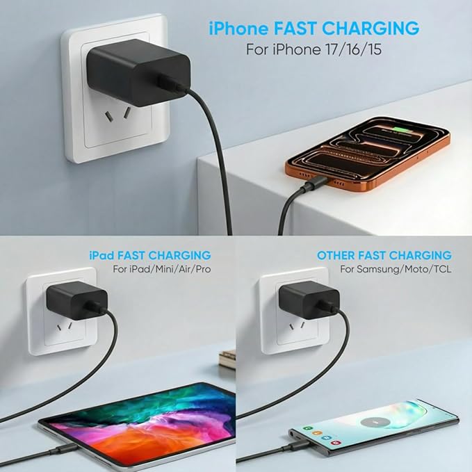 iPhone 17 16 15 Charger Fast Charging 6FT+10FT Cable, 20W USB C Charger, USBC Wall Charger for i Phone 17 Air 16 16e/16 Pro/16 Pro Max/15/15 Plus/15 Pro/15 Pro Max,i Phone iPad Pro/Mini (Black)