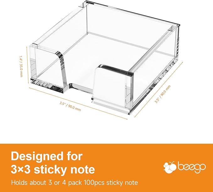 Beego Modern Elegant Crystal Clear Acrylic Sticky Note Holder Organizer - 3x3 in Square Notepad Holder - 3 Count - No Pads - Office Desk Organization