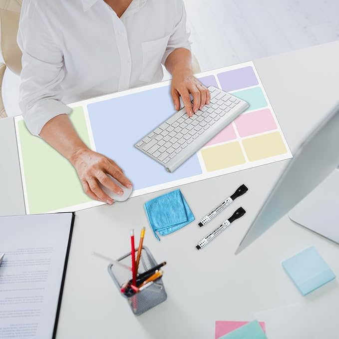 Dry Erase Desk Mat, Large Mouse Pad, Erasable Writing White Board for Making Plans, Self Adhesive Desktop Protector with 2 Wet Erase Markers & 1 Eraser for Home Office School 36"x16" (Pastel)