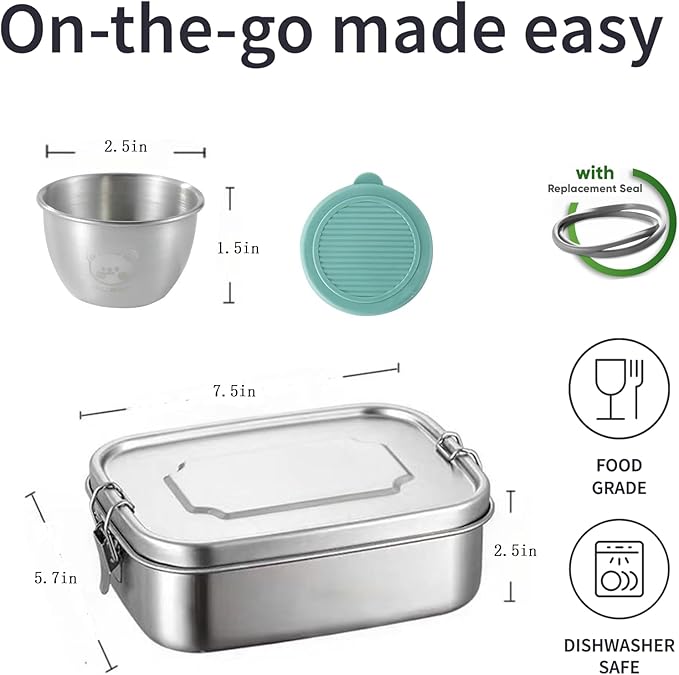 Stainless Steel Bento Box 40oz with 3 Compartments, Stainless Steel Lunch Box 1200ml, Metal Lunch Containers with Sealing Lockable Clips, Snack Containers for Adults Travel Work Dishwasher Safe