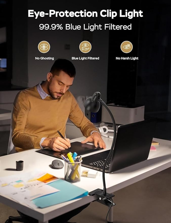 Clip on Light Reading Light for Bed 3 Color Modes 10 Dimmable Brightness Eye Care Clamp Desk Lamp 360° Flexible Desk Book Light for Reading Bed Headboard Computer Black