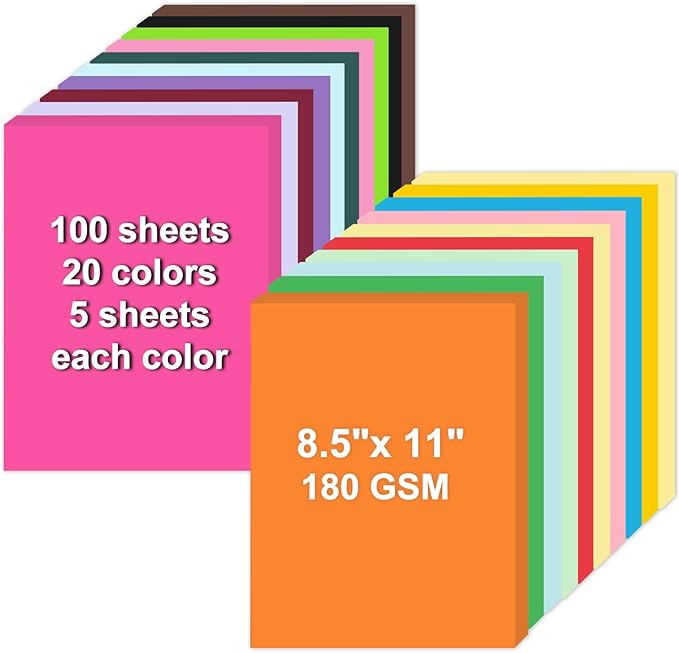 TKOOFN 100 Sheets Colored Cardstock 8.5" X 11", 20 Assorted Colors Construction Paper Card Stock 180GSM Printer Paper for Kids School Supplies, DIY Crafts, Card Making, Printing