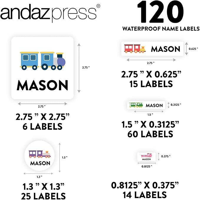 Andaz Press Custom Personalized Waterproof School Name Labels, Trains, 120-Pack, Kids Labels Combo Pack, Customizable Multi-Use Name Stickers Personalized Labels for Kids Personalized School Supplies