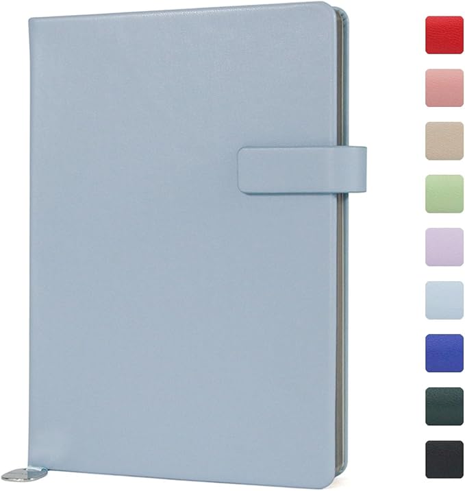 A5 Hard Cover Notebook with Pen Holder, Gold Edges & 180° Lay Flat - Large 5.7x8.4 Lined, Bookmark, Gift Box - Durable Journal for Office, Study, Travel - Writers, Students (Light Blue)