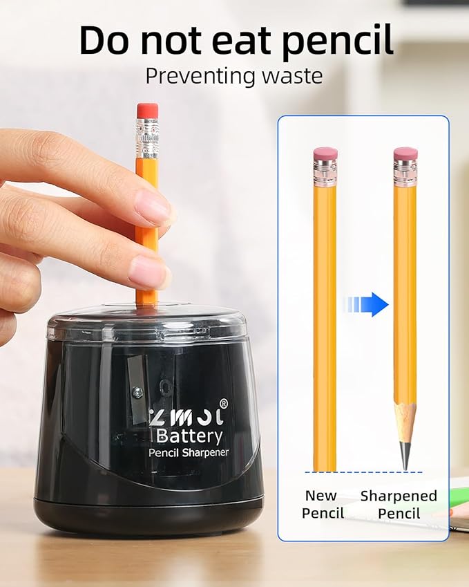 ZMOL Battery Powered Electric Pencil Sharpener,Small Battery Operated Colored Pencil Sharpeners Portable for Kids,Fast Sharpen, Suitable for No.2/Colored (6-8mm), School/Classroom/Office/Home Black