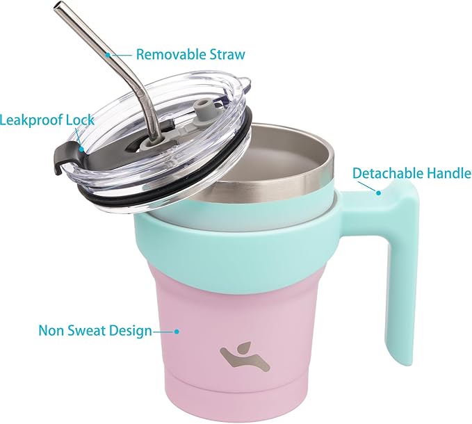 Konokyo 10 oz Tumbler with Handle and 2 Straw 2 Lid, Insulated Water Bottle Stainless Steel Vacuum Cup Reusable Travel Mug,Gum