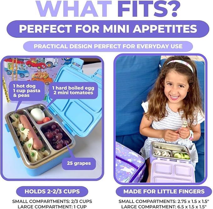 kinsho Small Stainless Steel Bento Box Lunch Container Baby Toddlers Purple | Mini Lunchbox, 3 Eco Metal Portion Sections, Leakproof Lid, Spill-Proof, 18 oz Girls Kids Snack Container Pre School Daycare