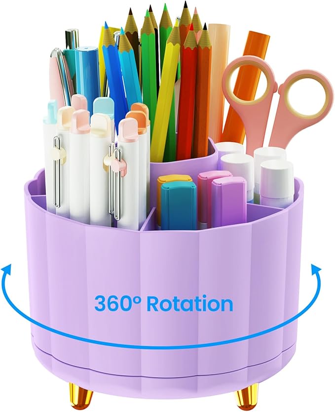Purple Desk Decor Organizer 360 Rotating, 6 Slots Pen Cup Holder for Office, Classroom & Home, Cute Office Supplies, Cubicle Decor, Rotating Art Supply Storage (4.9 Inches)