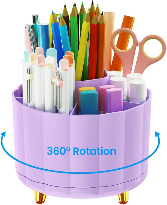 Purple Desk Decor Organizer 360 Rotating, 6 Slots Pen Cup Holder for Office, Classroom & Home, Cute Office Supplies, Cubicle Decor, Rotating Art Supply Storage (4.9 Inches)