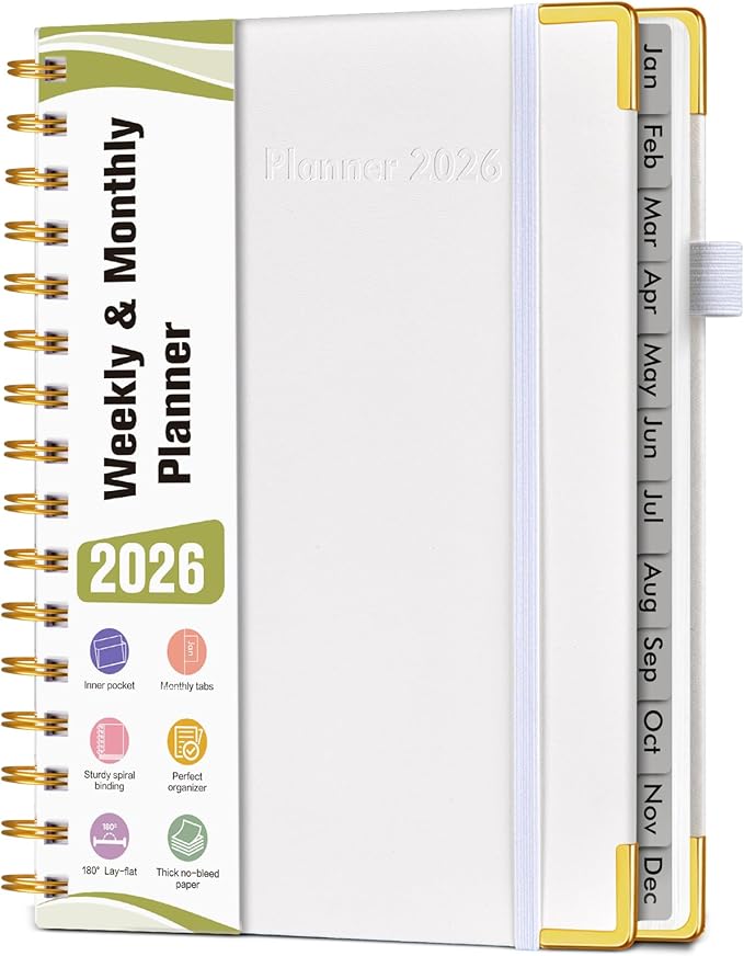 2026 Planner, Hardcover Leather Weekly and Monthly Planner, January 2026 - December 2026, Spiral Yearly Agenda Organizer Book 2026 with Tabs, Daily Calendar Planners for School Work Home, A5 (5.75" x 8.38"), White