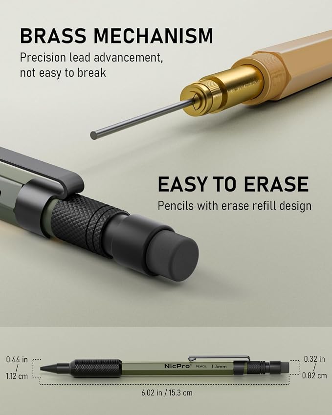 Nicpro 21PCS 1.3 mm Mechanical Pencil Set in Leather Bag with 138 Leads | 3 Erasers, Eraser Refills Weatherproof Metal Barrel, Heavy Duty Carpenter Pencil for Outdoor Marking Drawing Woodworkin