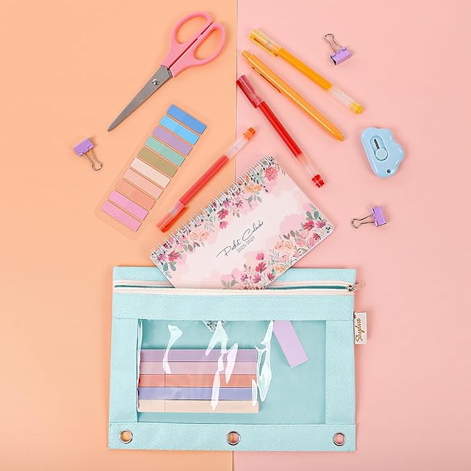 SKYDUE Pencil Pouch for 3 Ring Binder, 9.8" x 7.3" Clear Window Pencil Bag | Zipper Pencil Pouches for Girls Boys, Pencil Pouch with 3 Reinforced Grommets, Durable Organizer for School Supplies