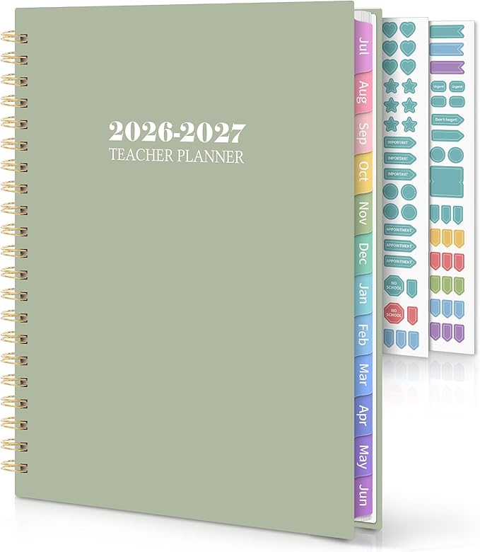 SKYDUE Teacher Planner 2026-2027 Academic Year, 8.5" x 11" Teacher Lesson Planner with Monthly Tabs & Stickers, Lesson Plan Book 26-27, Green