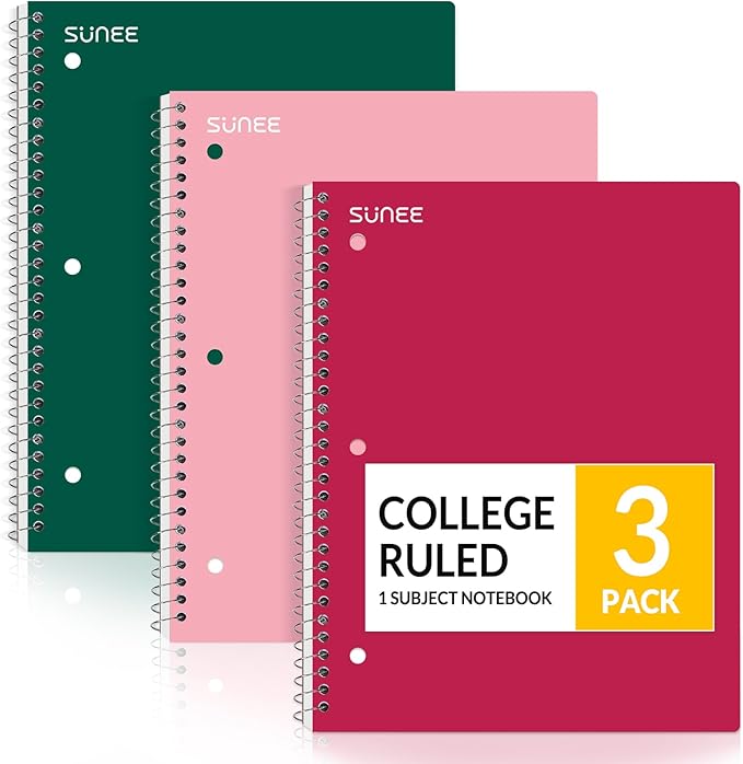 SUNEE Spiral Notebooks, 3 Pack, 1-Subject, College Ruled Paper, 8" x 10-1/2", 70 Sheets per Notebook, Assorted Colors Spiral Notebooks for School (Cherry, Pink, Green)