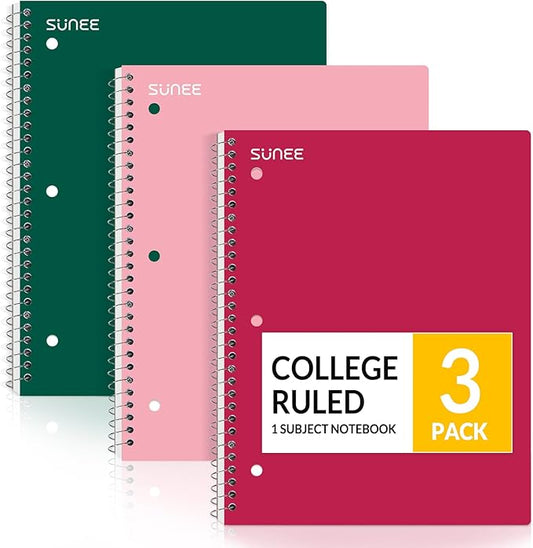 SUNEE Spiral Notebooks, 3 Pack, 1-Subject, College Ruled Paper, 8" x 10-1/2", 70 Sheets per Notebook, Assorted Colors Spiral Notebooks for School (Cherry, Pink, Green)