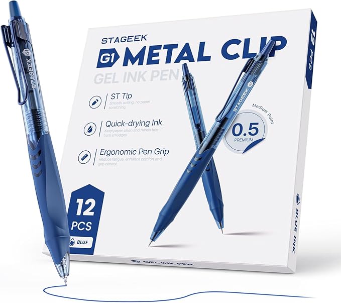 STAGEEK GX1 12 Pack Blue Gel Pens, Quick Dry Blue Ink Pen, 0.5mm Fine Point Retractable Smooth Writing Pens for Journaling, Writing, Business Gel Pen for Office School & Home Supplies(Blue)
