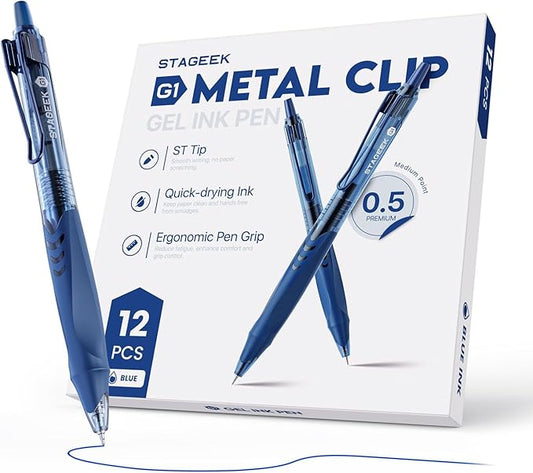STAGEEK GX1 12 Pack Blue Gel Pens, Quick Dry Blue Ink Pen, 0.5mm Fine Point Retractable Smooth Writing Pens for Journaling, Writing, Business Gel Pen for Office School & Home Supplies(Blue)