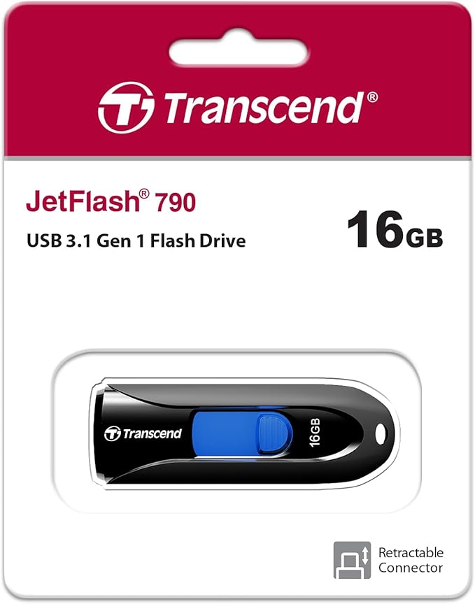 Transcend JF790K 16GB USB Flash Drive, for PC/Mac/Laptop/Windows/Computer, Desktop/TV/Car Audio, USB3.2 Memory Stick, Thumb Drives Data Storage with Retractable Connector, USB2.0/3.0/3.1 Compatible