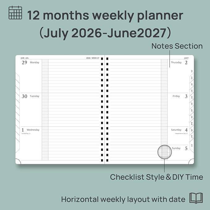 POPRUN 2026-2027 Academic Weekly Planner, Large 8.5" x 10.5" Horizontal Layout Calendar Agenda from July 2026 to June 2027, Softcover Appionment Book with Monthly Tabs, Spiral Bound, Inner-Pocket - Black