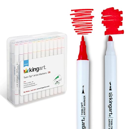 KINGART Dual Tip Alcohol Based Art Markers, 36 Colors Permanent Marker Pens Highlighters with Case Perfect for Illustration Adult Coloring Sketching and Card Making…