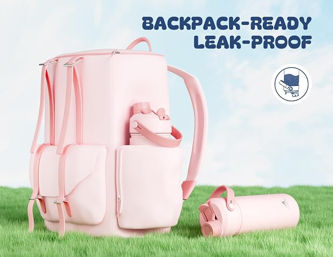 Kids Water Bottle for School: 2-in-1 Straw Spout Lid with Soft Animal Head, Leakproof, Backpack Friendly, Keep Cold 24H, Insulated cup for Sports, Playground, Holiday Gift, 18oz, (Cotton Candy)