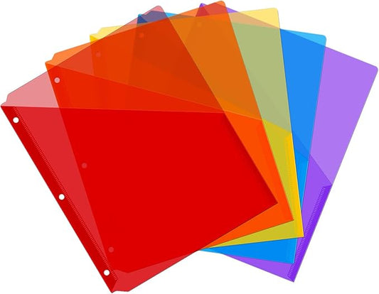 Maitys 5 Pack Binder Pockets 3 Hole Punch Clear Plastic Document Folders Binder Organizer Store Letter Size 8.5 x 11 Inch Paper Folders with Pockets Slash File Jacket for Office(Multicolor)