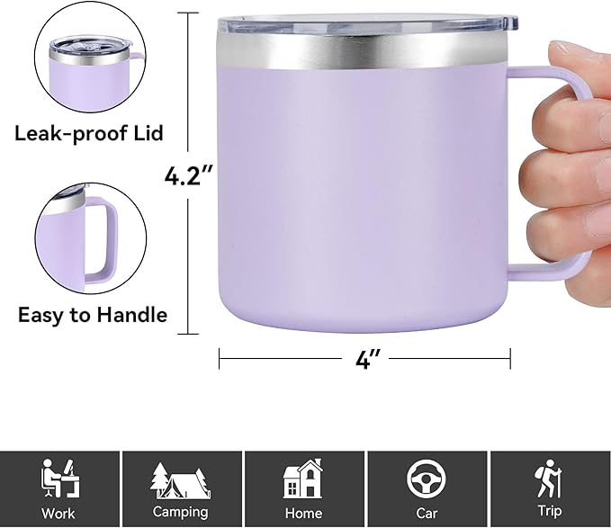 VEGOND 14 oz Insulated Coffee Mug Bulk with Handle, Stainless Steel Travel Coffee Mug with Lid, Double Wall Vacuum Metal Coffee Cup, Coffee Tumbler Powder Coated, Purple 8 Pack