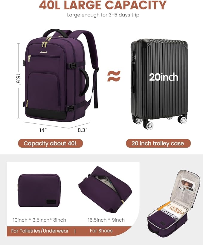 LOVEVOOK Carry On Travel Backpack For Women Flight Approved, 40L Large Personal Item Backpack Travel Bag for Airplanes, Business 17 Inch Laptop Backpack, Weekender Overnight Daypack, With 2 Cubes