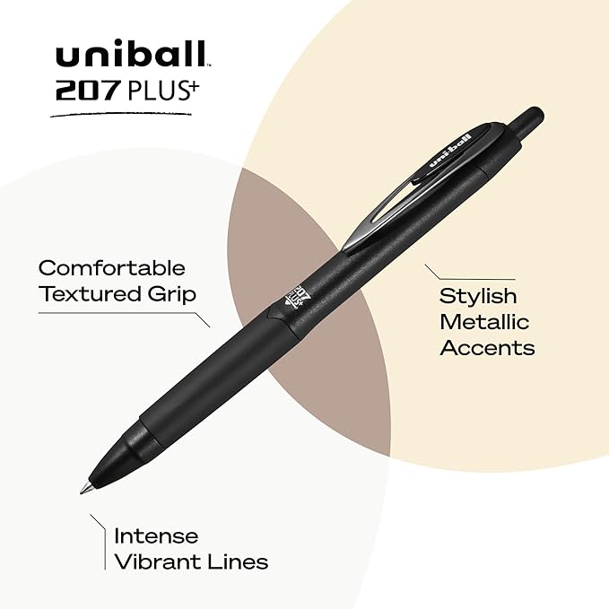 uniball 207 Plus+ Retractable Gel Pens, Medium Point (0.7mm), Assorted, 4 Pack