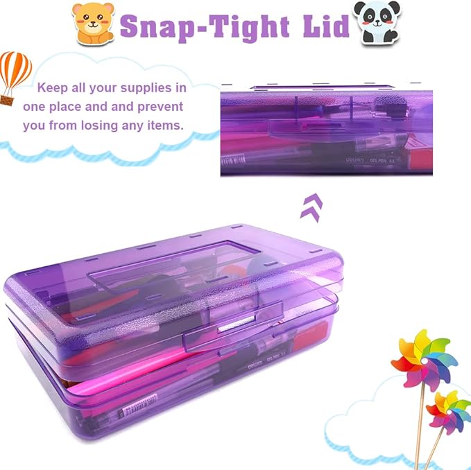 Pencil Case, Pencil Box, Clear Pencil Case, 2 Pack Plastic Pencil Case, Large Pencil Case, Clear Crayon Box with Snap-tight Lid Stackable Design, Plastic Storage Box for Office Supplies, Purple+Blue
