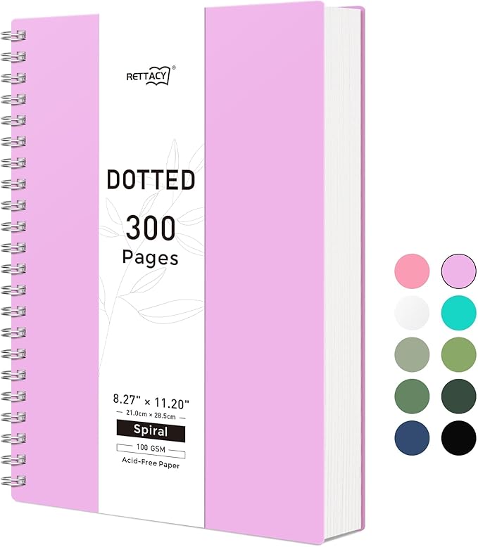 RETTACY Dotted Journal Notebook, 300 Pages, A4 Large Size (8.2'' × 11.2''), 100 GSM Thick Paper, Flexible Plastic Cover, Spiral-bound, for Journaling, Planning, Tracking (Lilac)