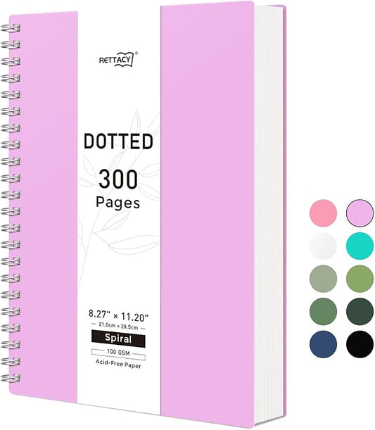RETTACY Dotted Journal Notebook, 300 Pages, A4 Large Size (8.2'' × 11.2''), 100 GSM Thick Paper, Flexible Plastic Cover, Spiral-bound, for Journaling, Planning, Tracking (Lilac)