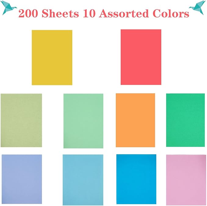 Colored Paper 8.5 x 11 Assorted Colored Copy Printer Paper, 10 Colors 20Ib Lightweight Colored Construction Paper for Cutting DIY Art Painting Drawing Origami Craft School Office Supplie