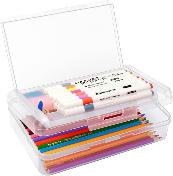 Double Layer Large Capacity Pencil Box,Plastic Translucent Pencil Box, Hard Pencil Cases with Snap-Tight Lid for Pens, Pencils, School Supplies,Office Supplies,Medium-sized,1 Pack