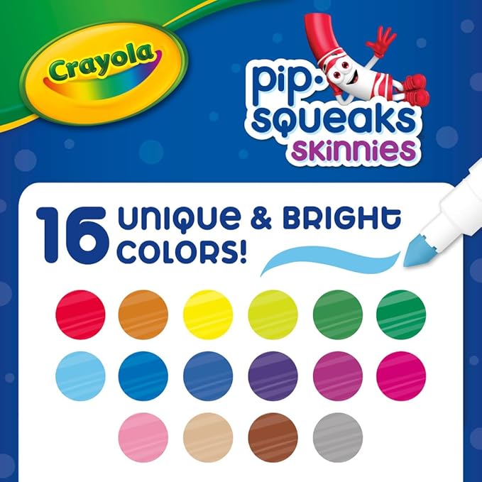 Crayola Pip Squeaks Skinnies Washable Marker Set (16ct), Mini Markers for Toddlers, Thin Coloring Markers for Kids, Spring Crafts Supplies