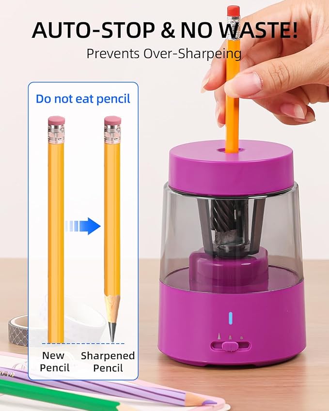 ZMOL Electric Rechargeable Pencil Sharpener, Automatic Colored Pencil Sharpener for Kids, Battery Pencil Sharpeners for Colored Pencils, Auto Stop, Suitable for No.2(6-8mm), Classroom Home Pink