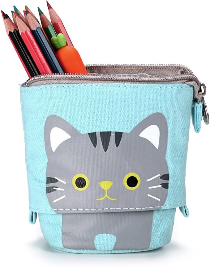 Telescopic Pencil Pouch Standing Pen Holder Cute Bags Stand Up Case Cartoon Storage Box Canvas+PU Stationery Organizer Makeup Bag With Zipper Closure (Blue)