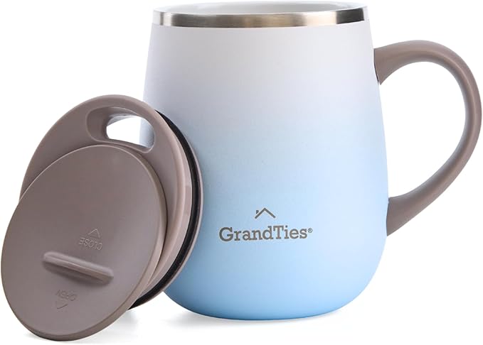 GRANDTIES 16oz Ceramic-Lined Insulated Coffee Mug with Sliding Lid, Wine-Glass Shape Thermal Tumbler with Double Walled Vacuum to Keeps Beverages Hot or Cold (Frosted Glacier)