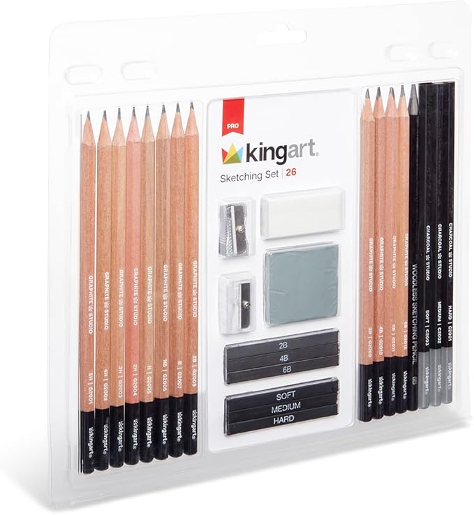 KINGART PRO Artist SKETCHING and DRAWING SET, 26 Pc. Pencils, Charcoal & Graphite Sticks, Erasers, Sharpeners, All Skill Levels, 26 pc.