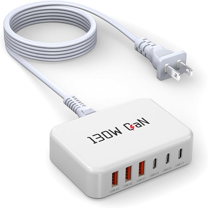 [2026 Upadated] 130W Charging Station 6-Port Type C Fast Charger Block Charging Station Multiport Adpater for iPhone 17/16/15/14/13/Pro Max/Plus iPad mini/Pro Galaxy S26/S25 5ft Power Cord- White