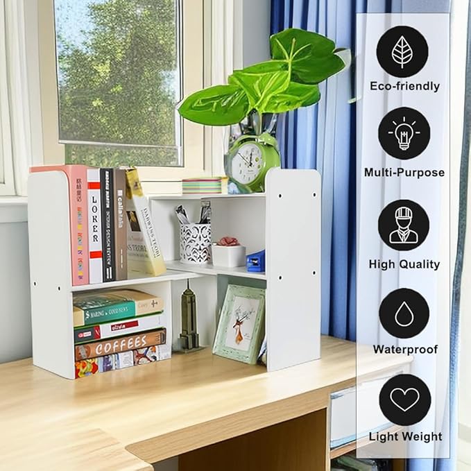 PAG Desk Organizer Desktop Shelf Adjustable Countertop Bookshelf Small Table Shelves Book Organizer Office Organization for Desk, White