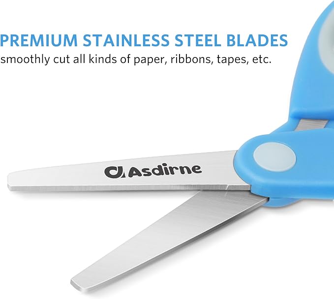 Asdirne Left Kids Scissors, Safety Children Scissors with Blunt Tip Stainless Steel Blades and Soft Grip, Great for Home and School, Assorted Color, 13.5cm, 3 Pack