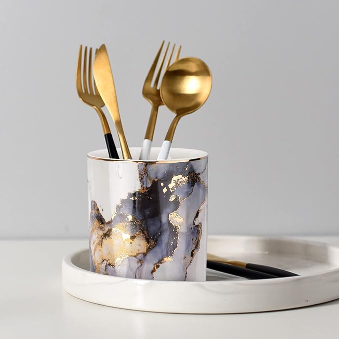 Marble Pencil Holder, Durable Ceramic Desk Organizer Office Supplies,Desktop Stationary Organizer,Multi-Functional Pencil Storage for Desktop Accessories,Office,Classroom,Home,Gray Gold