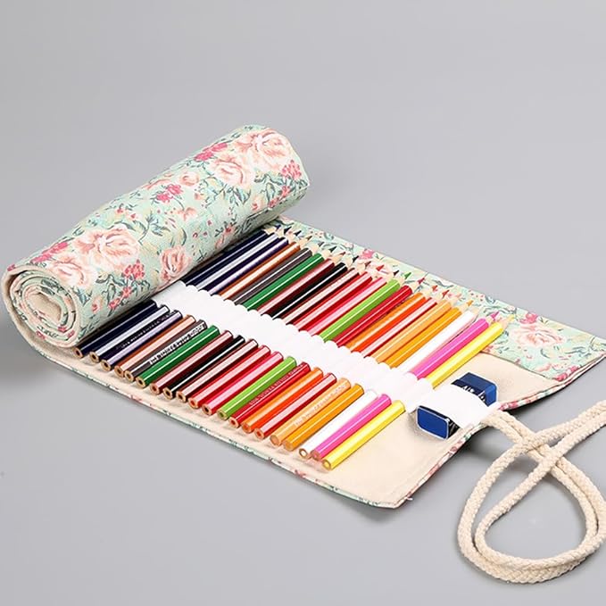 DIYOMR 24/36/72 Slots Pencil Wrap Pencil Rolls, Artist Colored Pencils Roll Up Bag Short Brushes Pouch Case Pencils Organizer for Drawing Coloring and Sketching (Small Floral, 24slots)